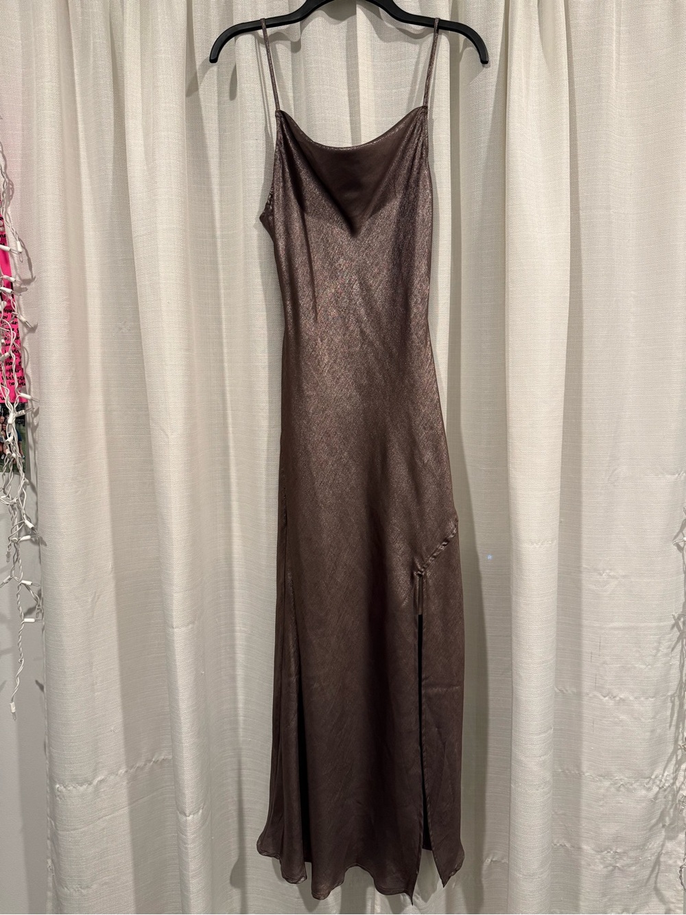 Brown Satin Slip Dress with Cowl Neck